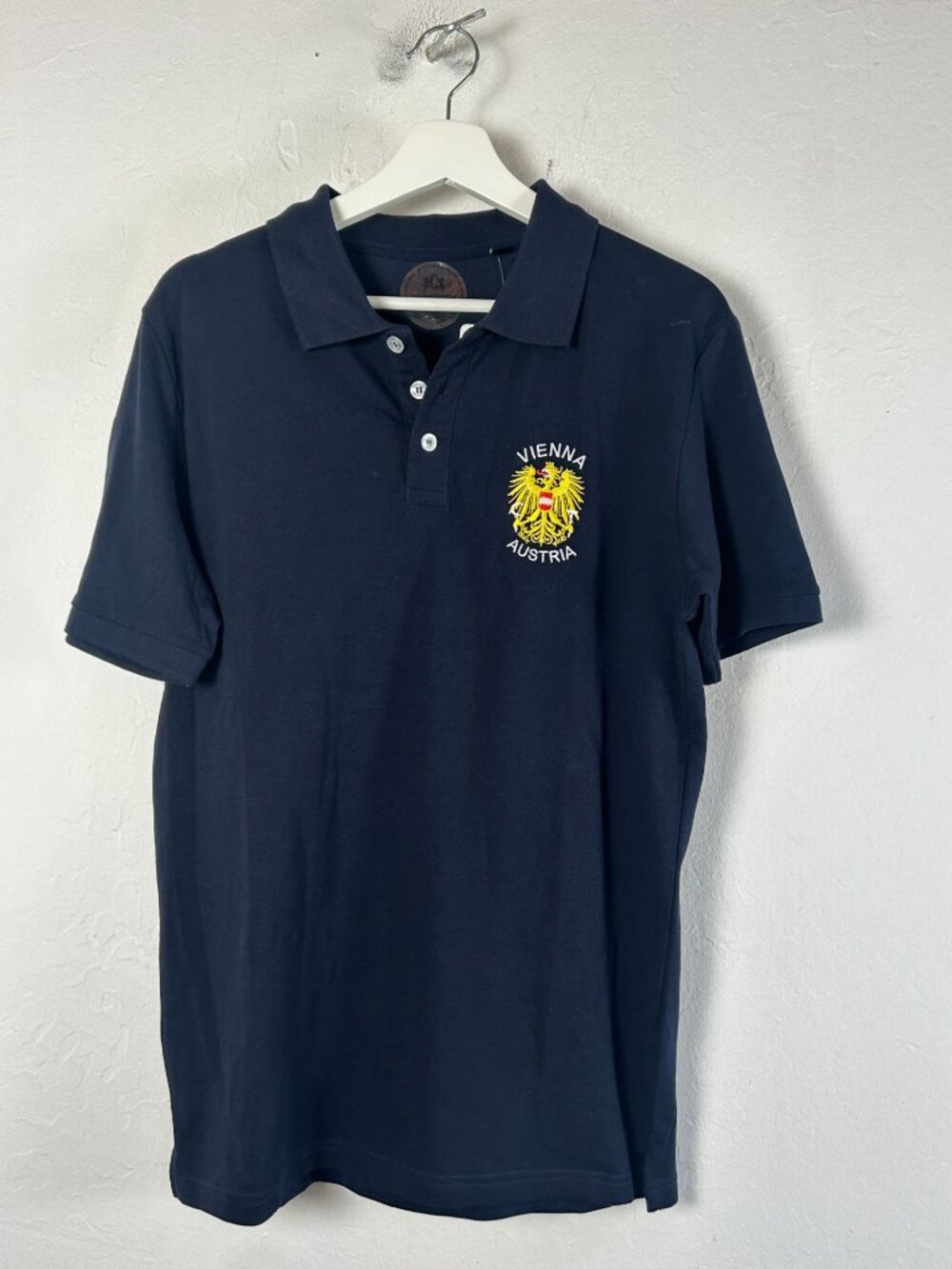 Glo-Story Basic Vienna Austria Polo Shirt Navy Embroidered Lion Crest Medium New